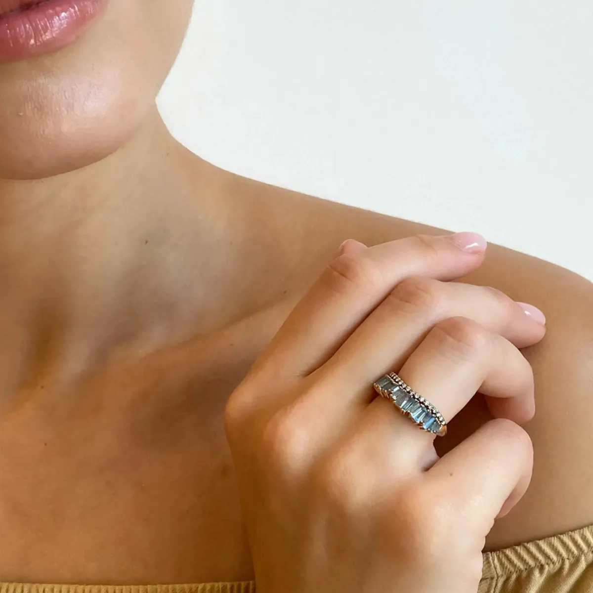 Tomfoolery Aquamarine & Labradorite Single Ruched Band Ring in 20ct Rose Gold Clearance