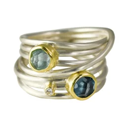 Tomfoolery Aquamarine, Blue Topaz, Diamond & Silver Wide Wrap Ring Clearance