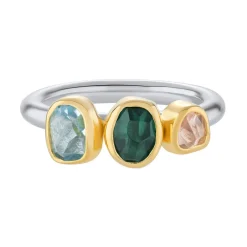 Tomfoolery Aquamarine, Green Tourmaline & Morganite Three Stone Rounded Band Ring Hot