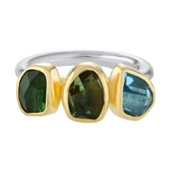Tomfoolery Aquamarine, Green Tourmaline & Green Amethyst Three Stone Rounded Band Ring Discount