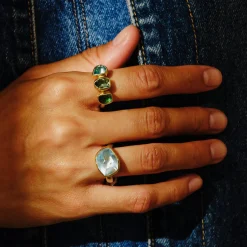 Tomfoolery Aquamarine, Green Tourmaline & Green Amethyst Three Stone Rounded Band Ring Discount
