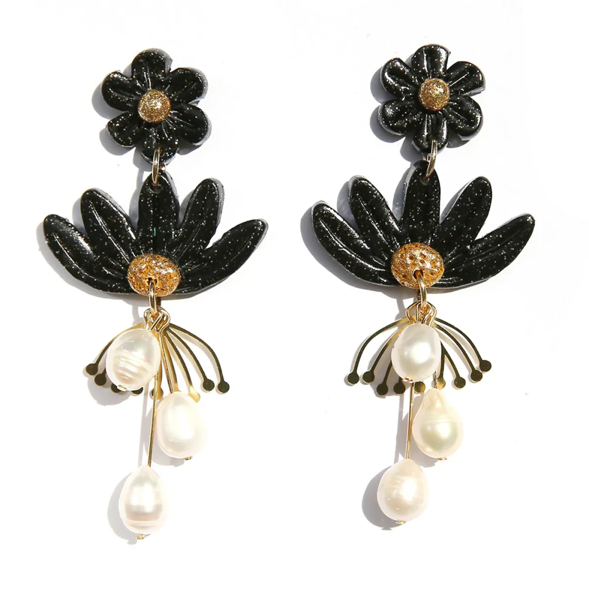 Tomfoolery Black Flower & Pearl Drop Earrings Hot
