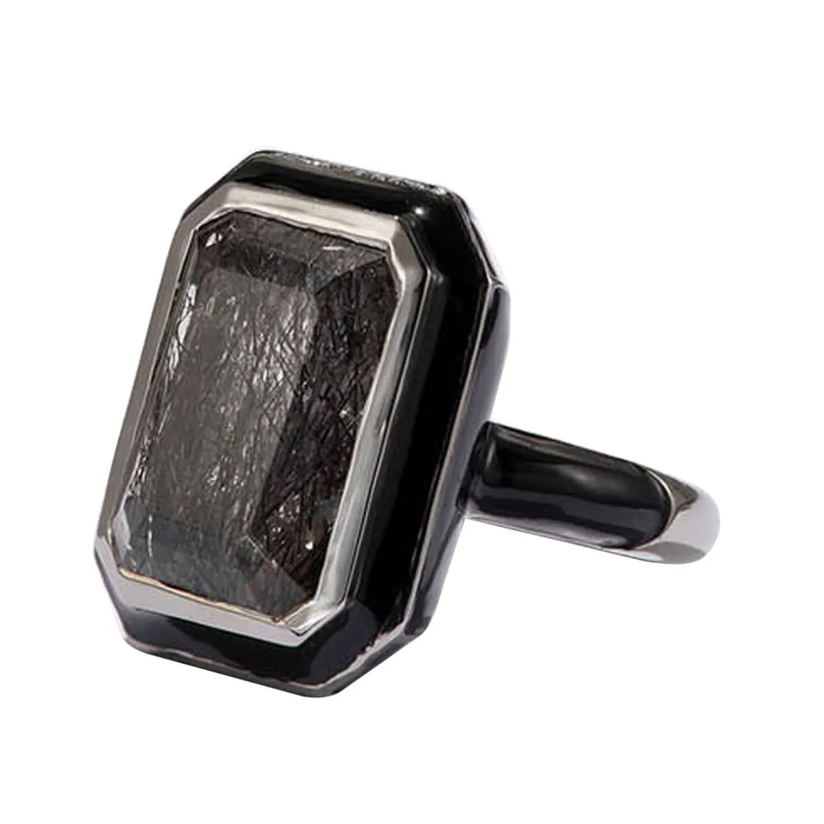 Tomfoolery Black Rutilated Quartz & Enamel Deco Statement Ring Fashion