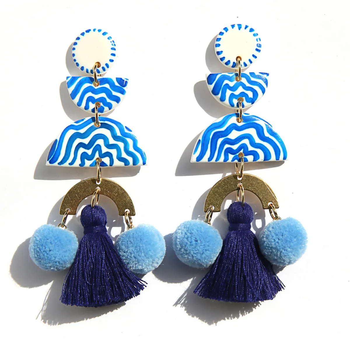Tomfoolery Blue Hand-Painted Pom Pom Drop Earrings Hot