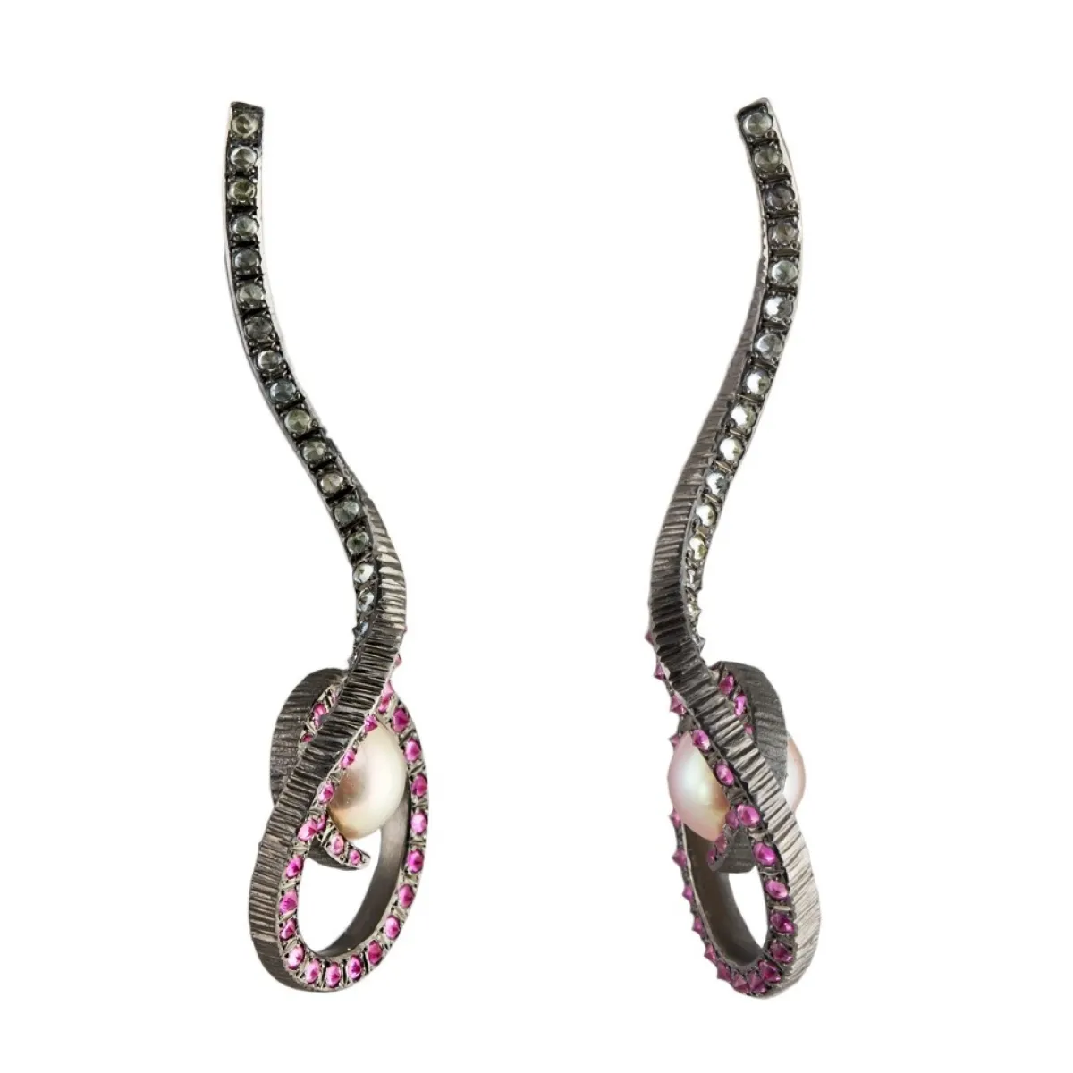 Tomfoolery Blush Pearl & Sapphire Oxidised Silver Drop Earrings Outlet