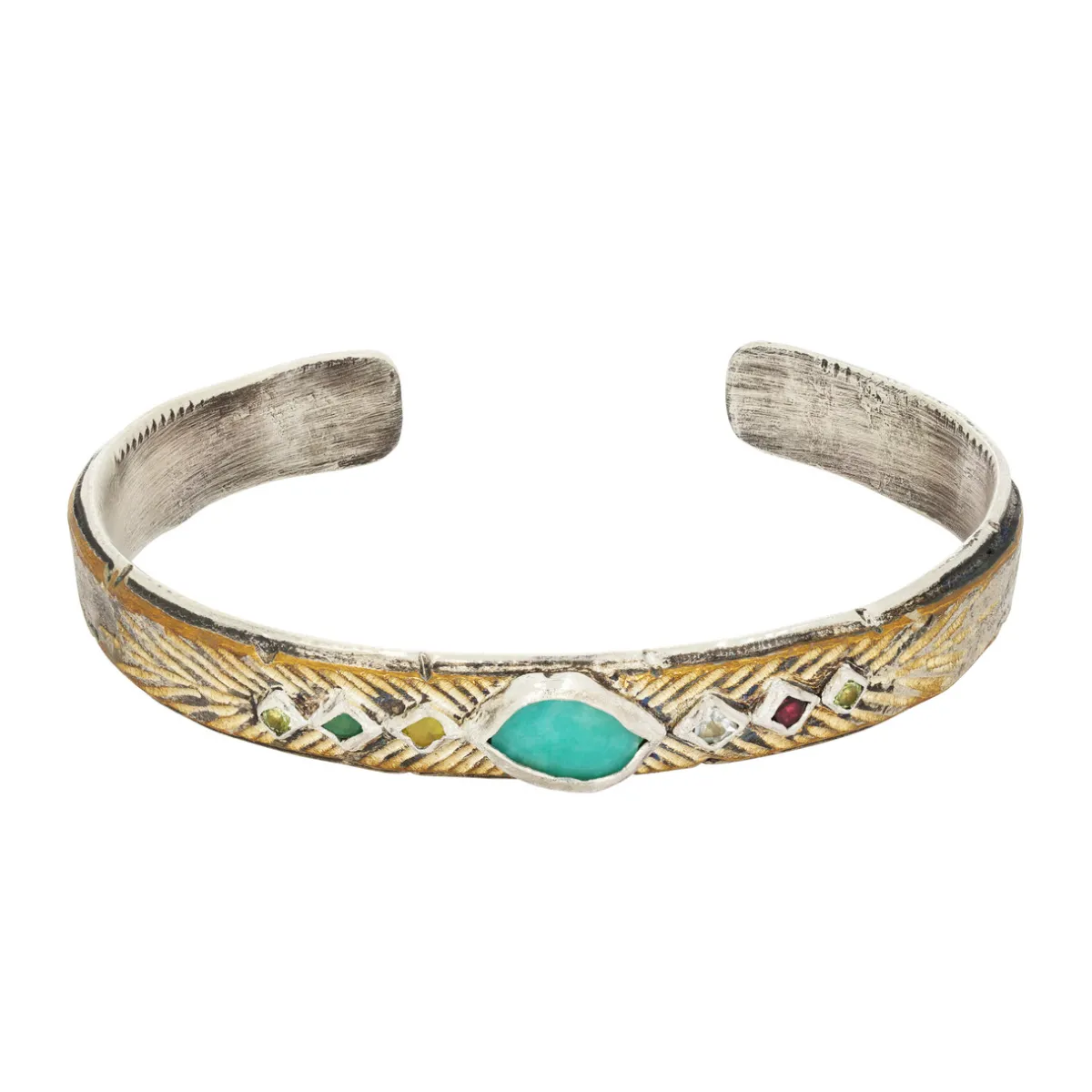 Tomfoolery Bronze & Silver Cuff with Amazonite, Sapphires, Peridot, Aquamarine & Emerald New