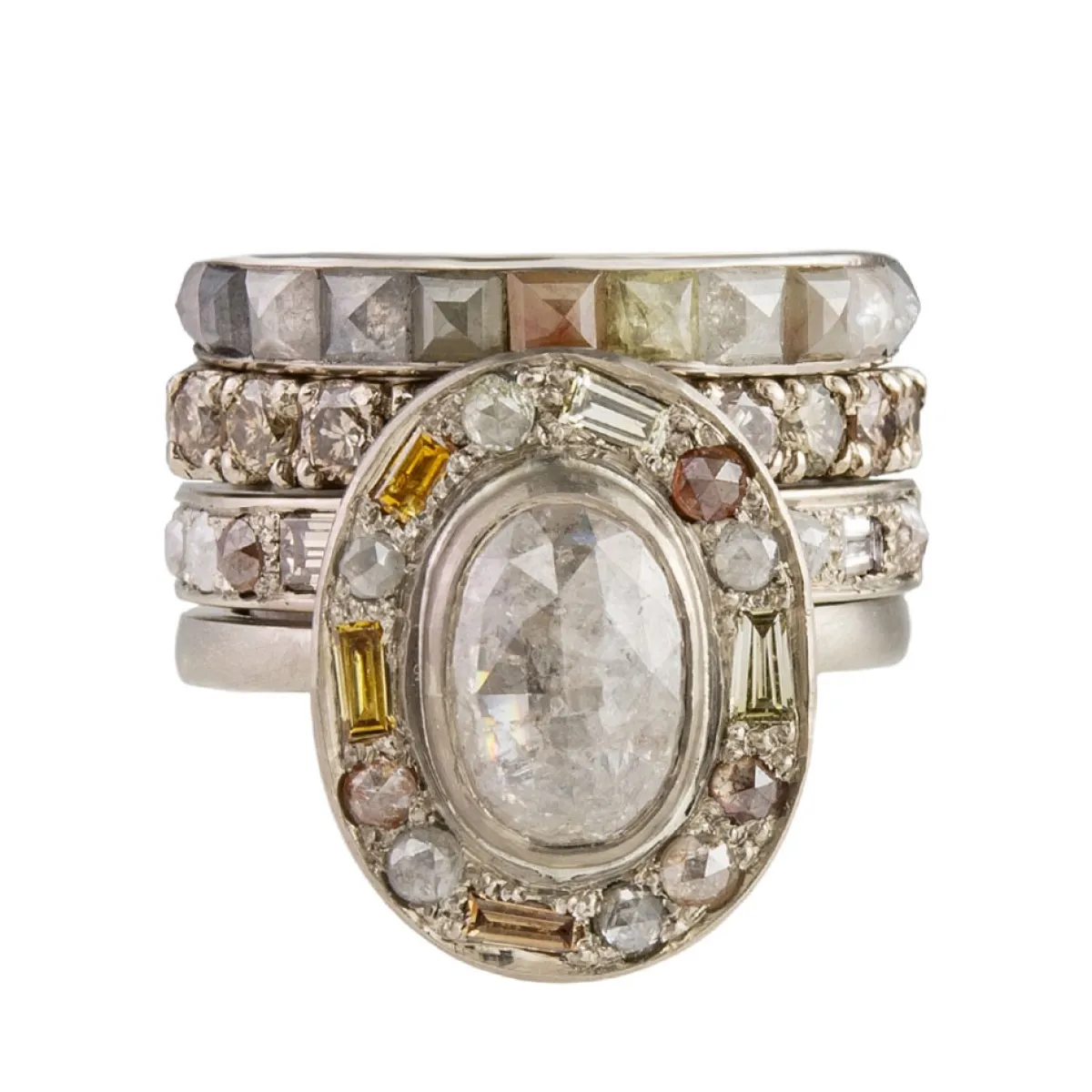 Tomfoolery Champagne Diamond & 18ct White Gold Rustic Half Eternity Ring New