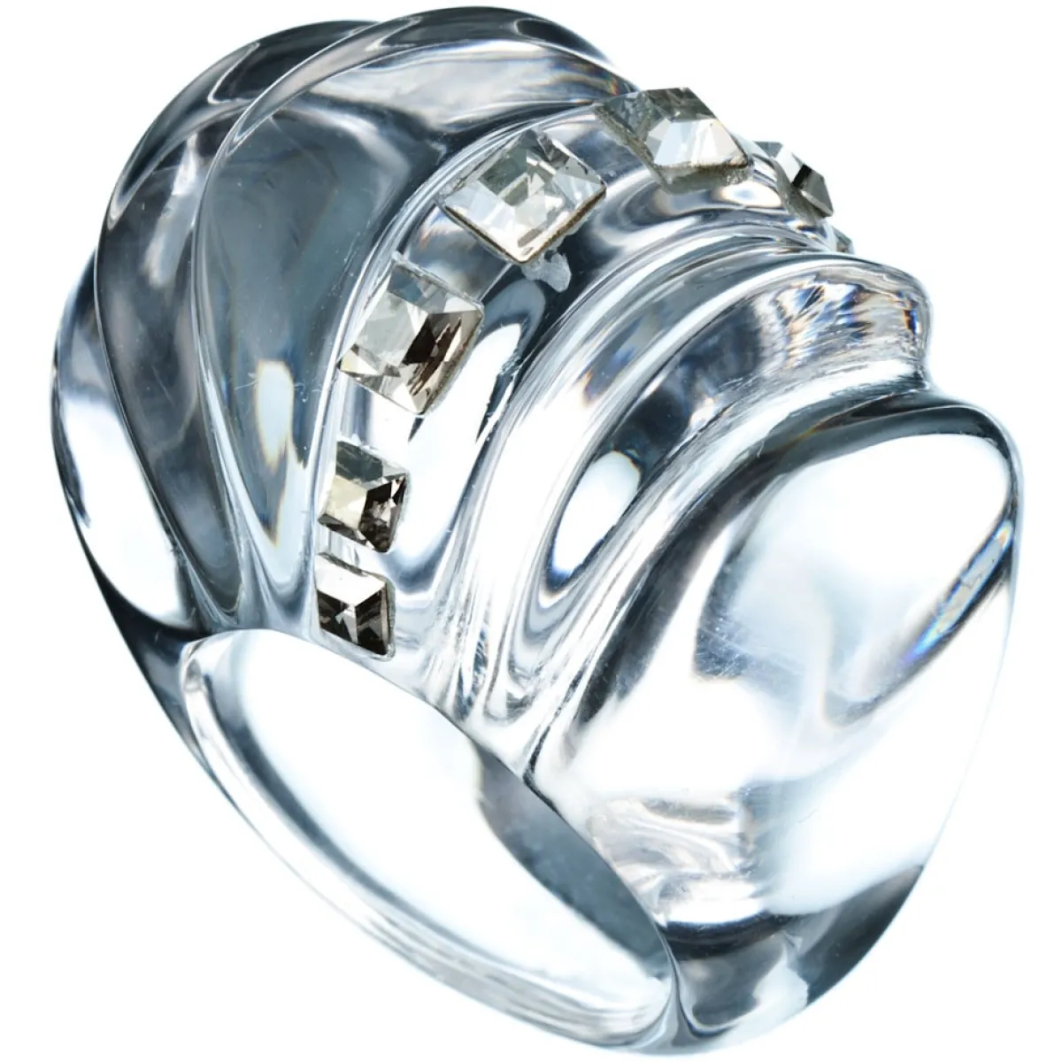 Tomfoolery Clear Lucite & Crystal Cocktail Ring Discount