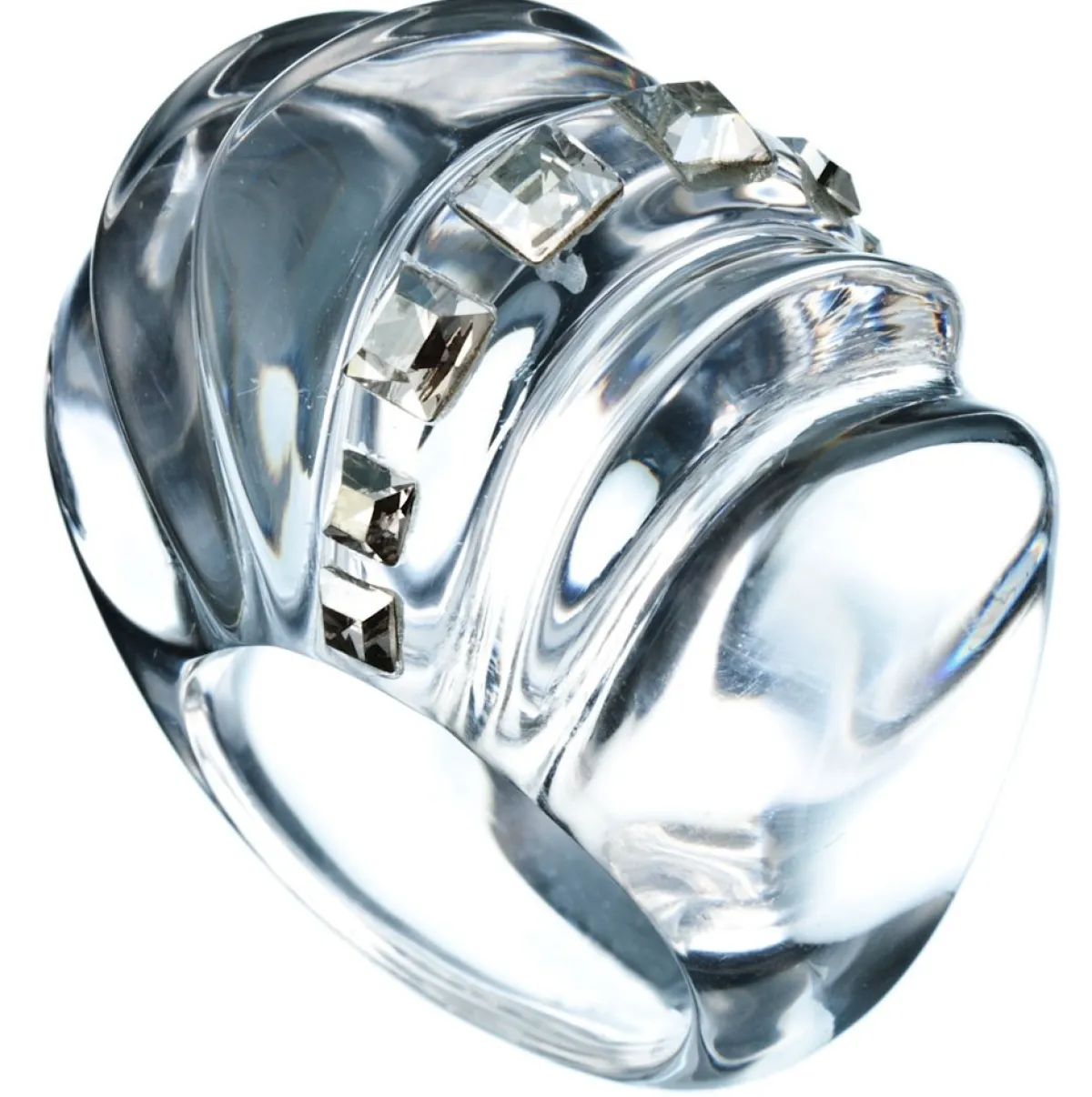 Tomfoolery Clear Lucite & Crystal Studded Cocktail Ring Best