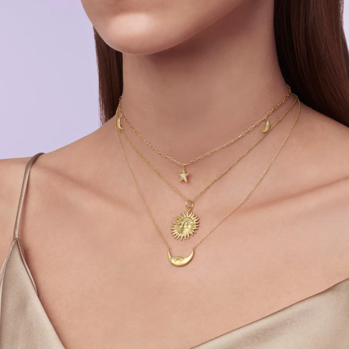 Tomfoolery Crescent Moonface Necklace with Diamond Eyes Fashion