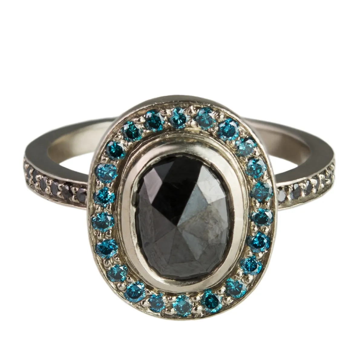 Tomfoolery 18ct White Gold Black Oval Rose Cut & Blue Diamond Ring Sale