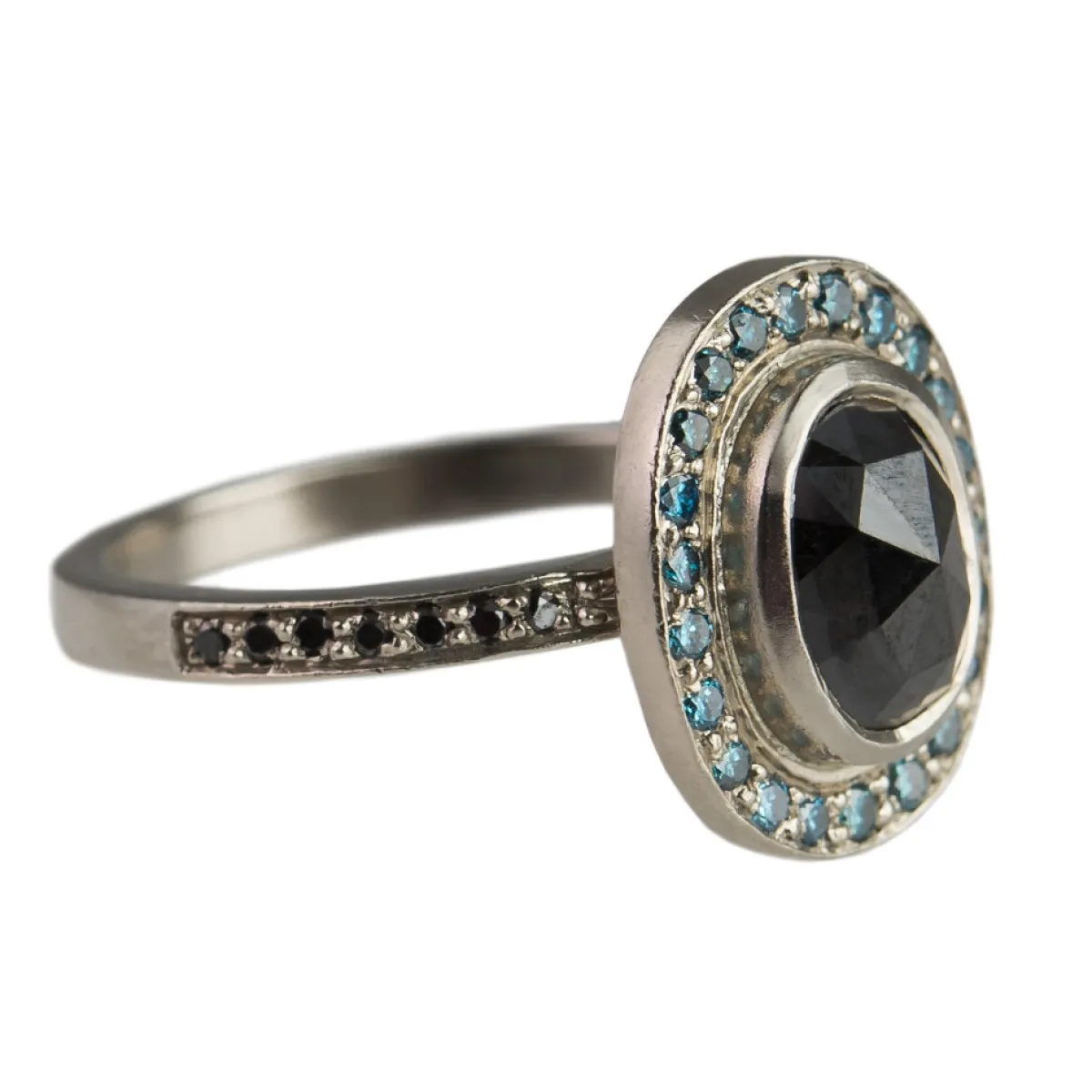 Tomfoolery 18ct White Gold Black Oval Rose Cut & Blue Diamond Ring Sale