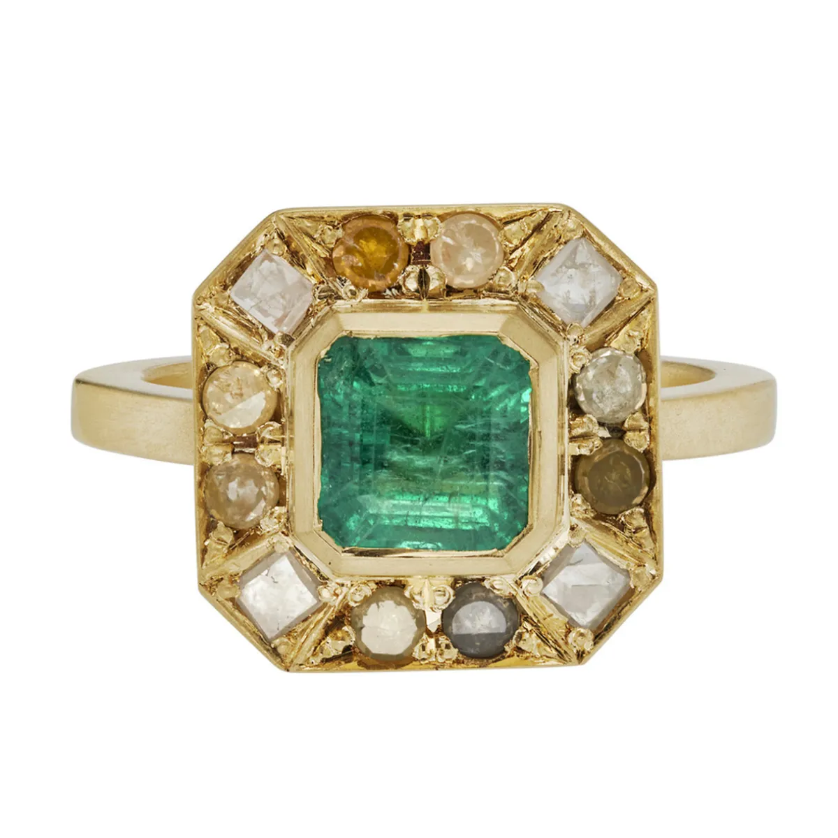 Tomfoolery 18ct Yellow Gold Puzzle Emerald and Mixed Cut Diamond Ring Discount
