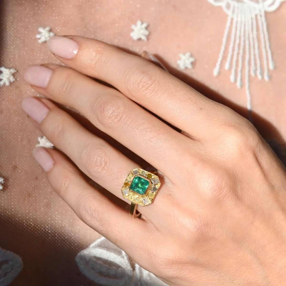 Tomfoolery 18ct Yellow Gold Puzzle Emerald and Mixed Cut Diamond Ring Discount