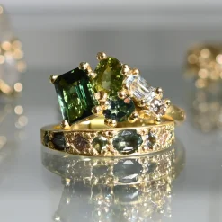 Tomfoolery 18ct Yellow Gold Teal Sapphire & Diamond Tapered Puzzle Band Clearance