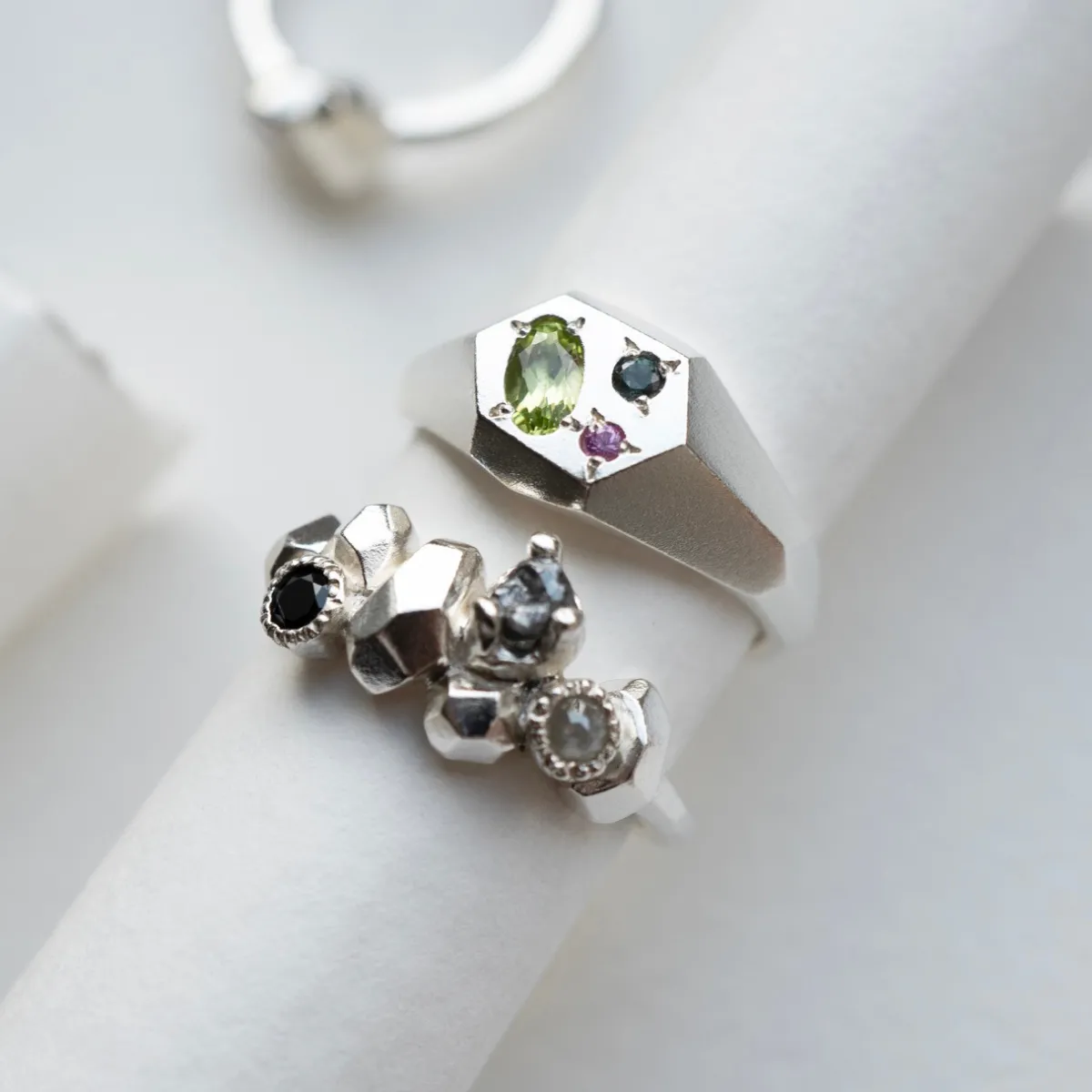 Tomfoolery Faceted Signet Ring with Green Tourmaline, Orange & Pink Sapphires Clearance