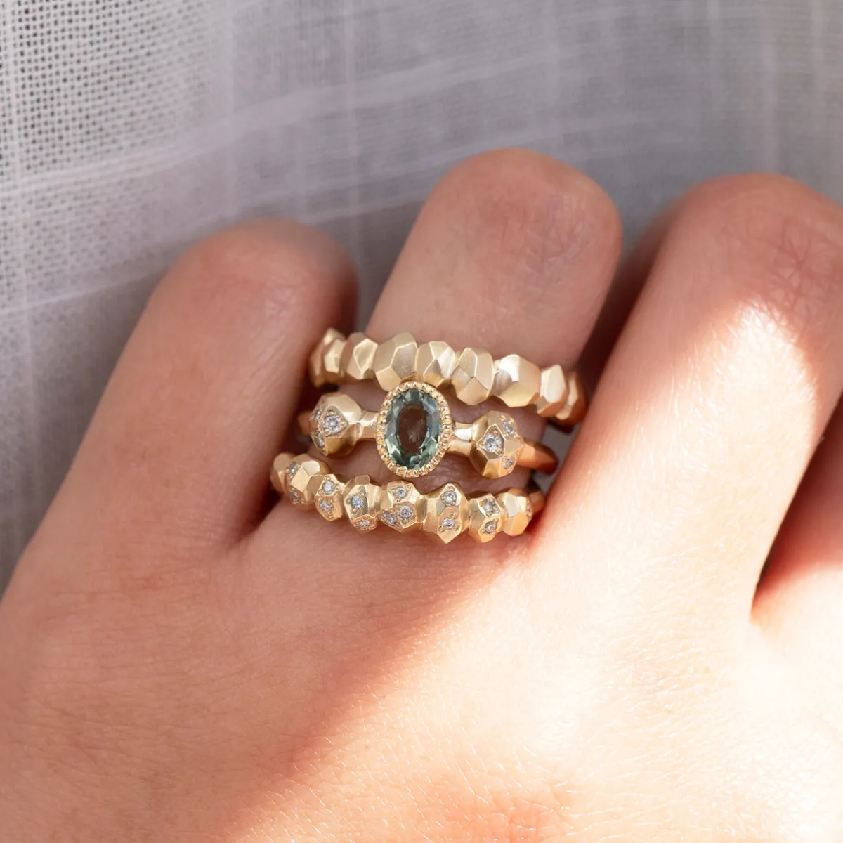 Tomfoolery Gea Green Sapphire Three Stone Ring Clearance