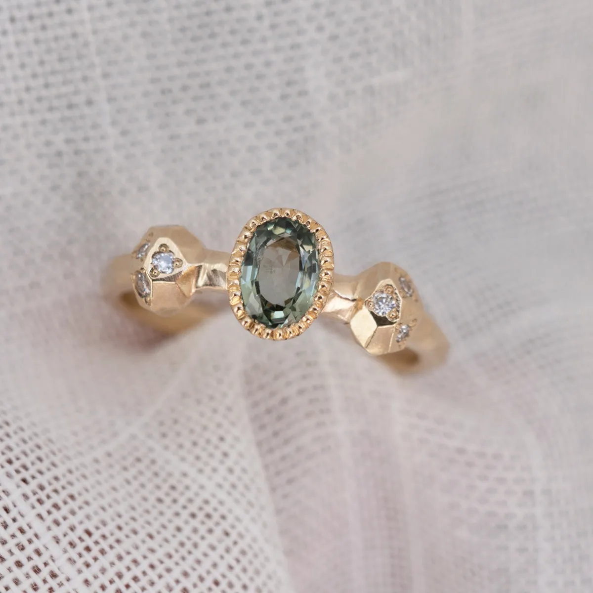 Tomfoolery Gea Green Sapphire Three Stone Ring Clearance