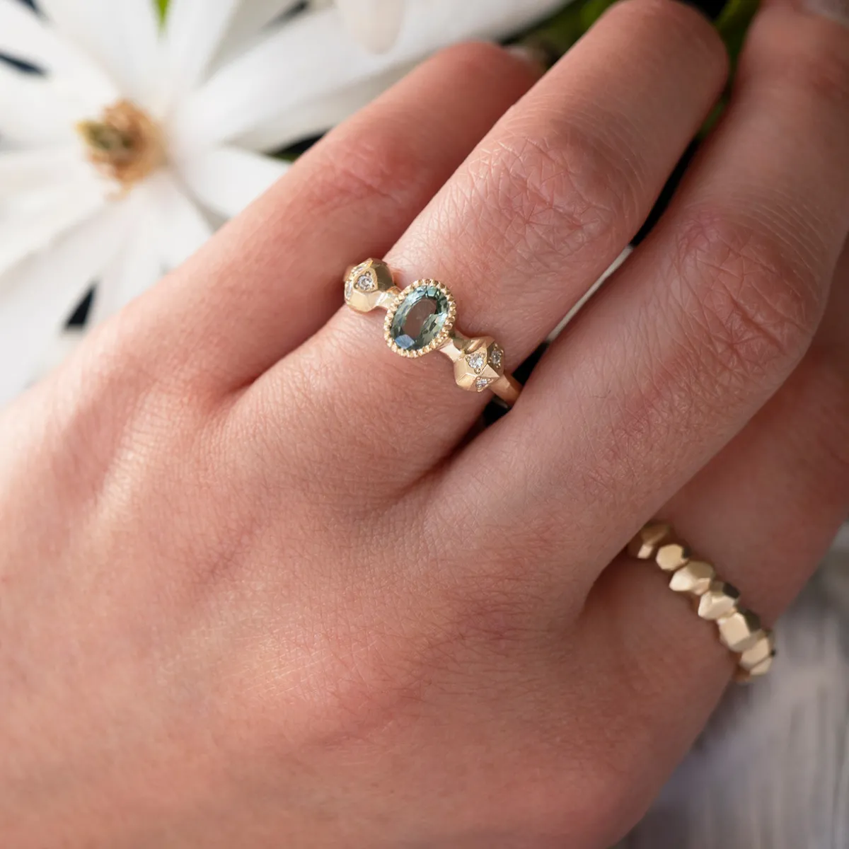 Tomfoolery Gea Green Sapphire Three Stone Ring Clearance