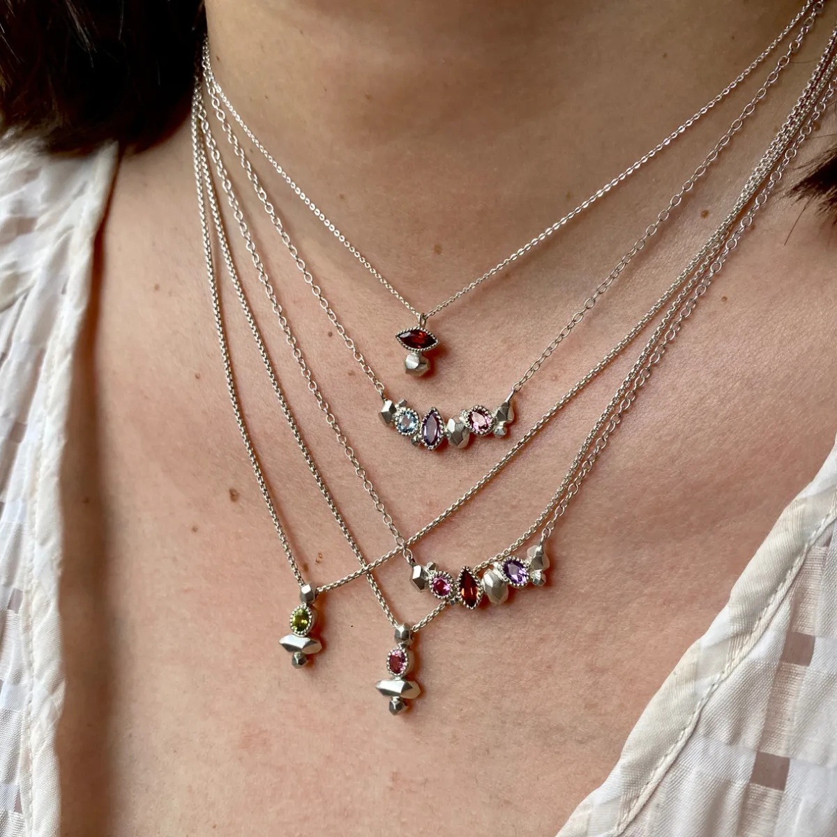 Tomfoolery Gea Trio Necklace in Silver with Aquamarine, Amethyst, Tourmaline Best