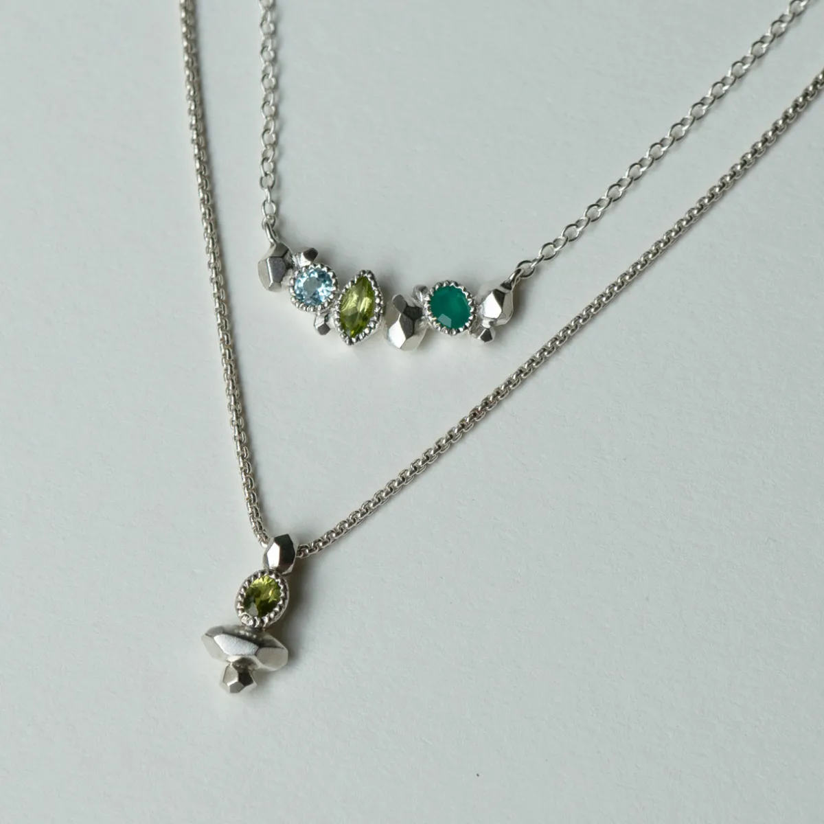 Tomfoolery Gea Trio Necklace in Silver with Aquamarine, Peridot & Onyx Hot