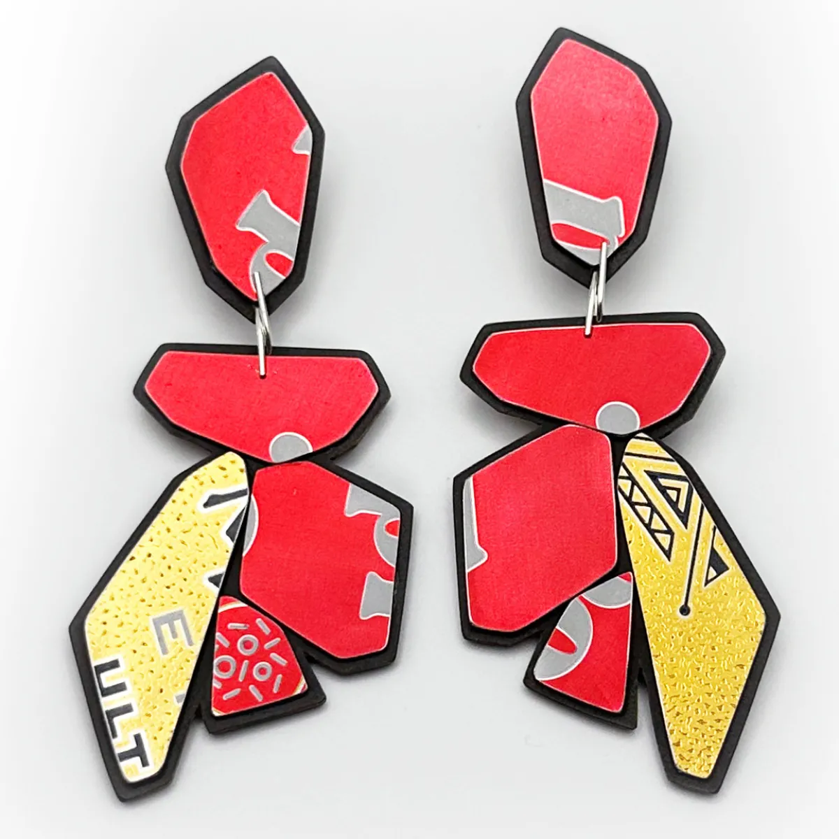 Tomfoolery Geo Brew Recycled Aluminium Drop Earrings in Red & Gold Discount
