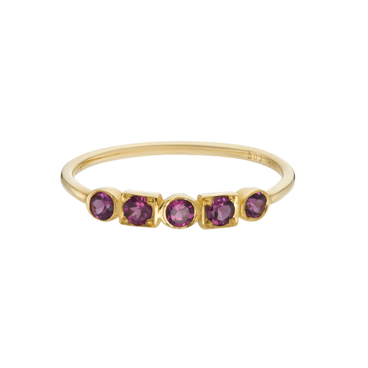 Tomfoolery Geometric Five Stone Rhodolite Garnet Ring Fashion