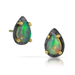 Tomfoolery Gold, Oxidised Silver & Opal Teardrop Studs Online
