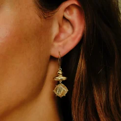 Tomfoolery Gold Pebble Rutilated Quartz Balance Drop Earrings Clearance