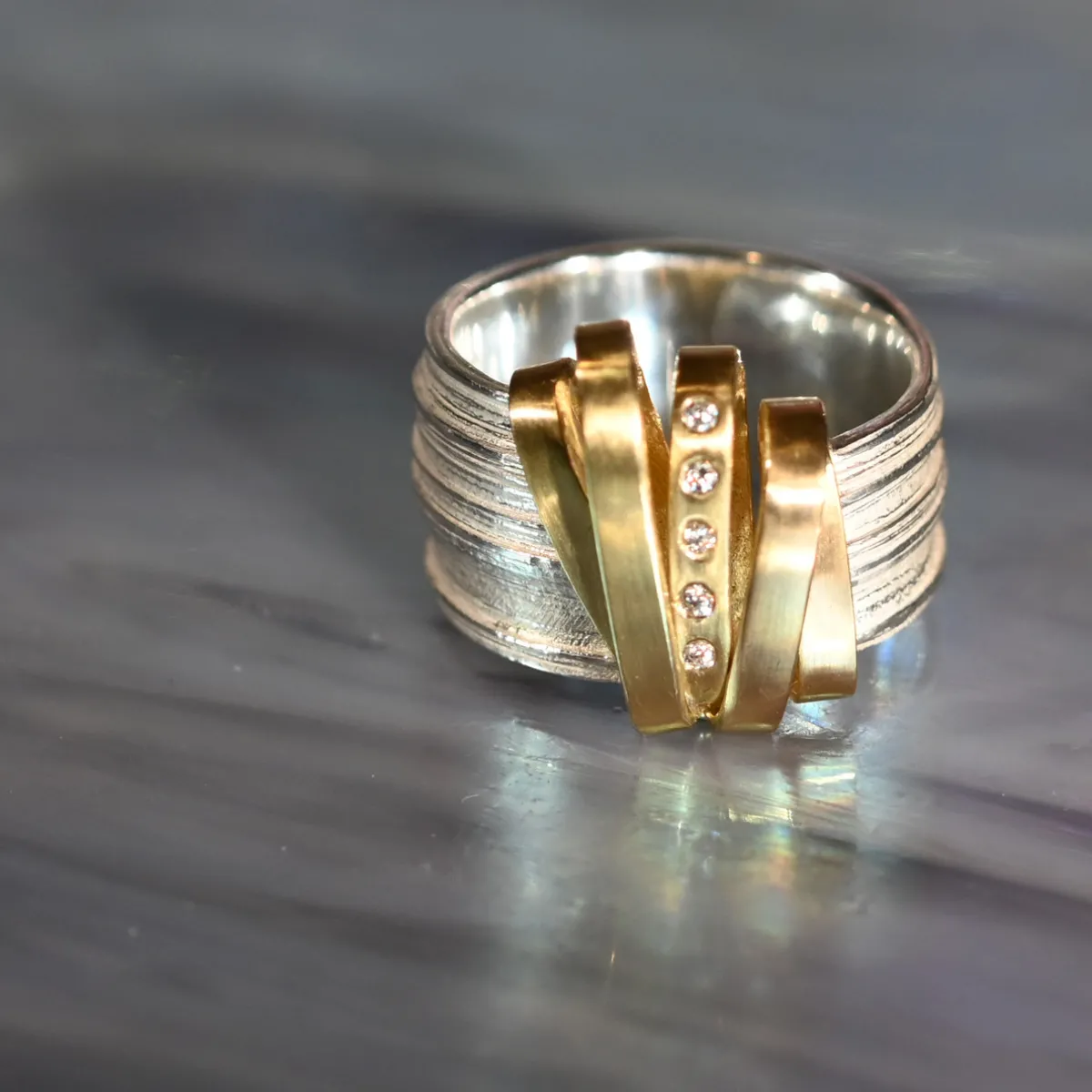 Tomfoolery Gold Ribbon Art Ring Discount
