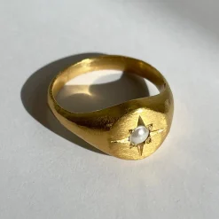 Tomfoolery Gold Signet Ring with Pearl Hot