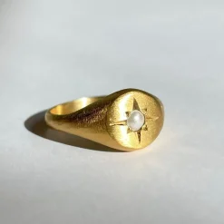 Tomfoolery Gold Signet Ring with Pearl Hot
