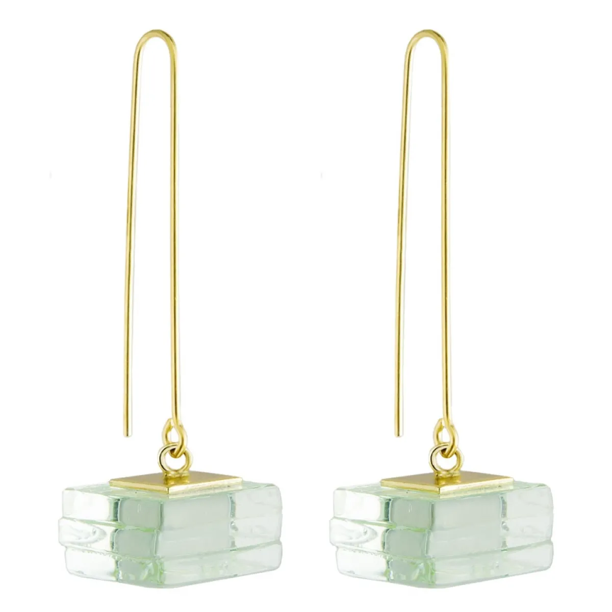 Tomfoolery Green Glass Stack Square Long Drop Earrings Hot