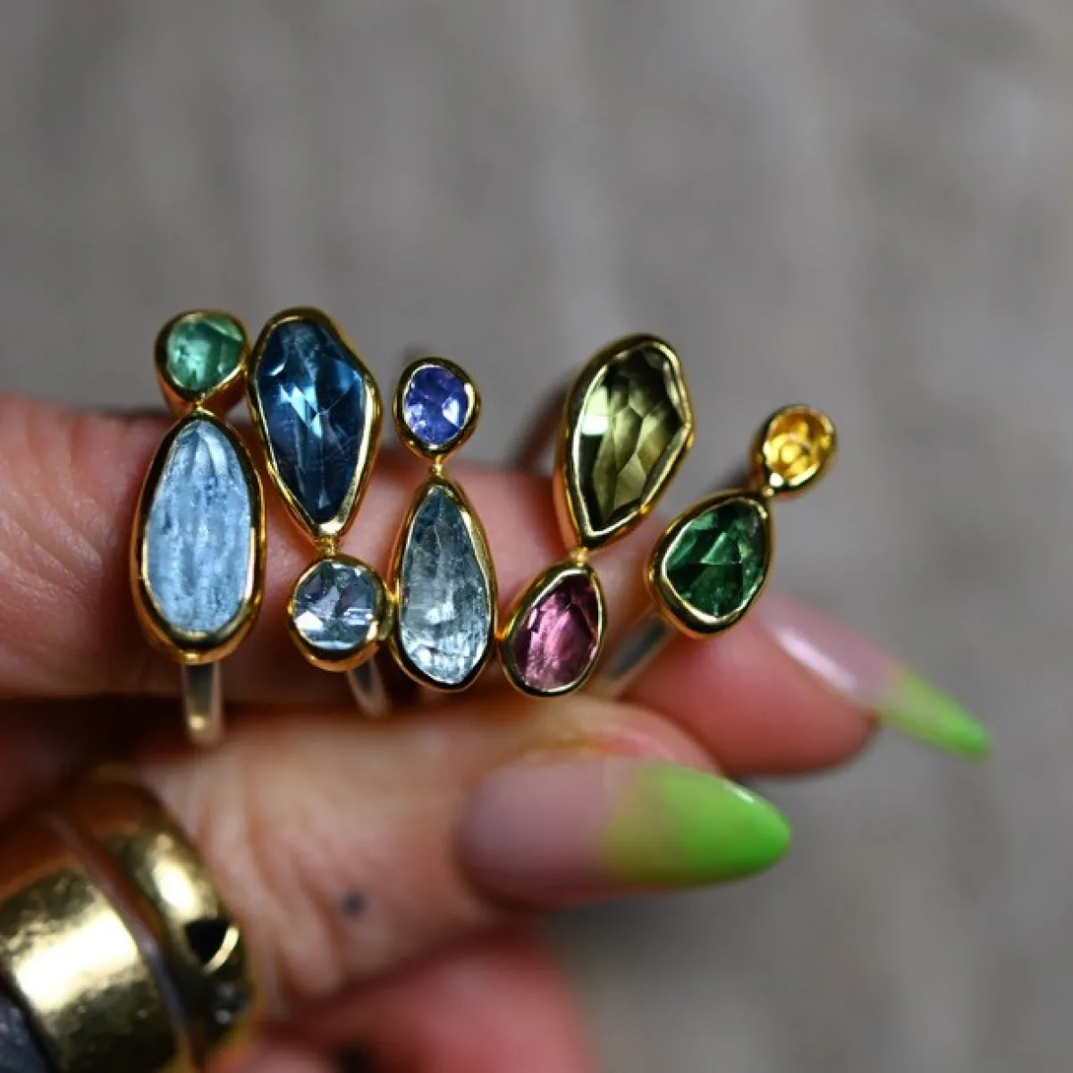 Tomfoolery Green Tourmaline & Yellow Beryl Two Stone Ring Hot