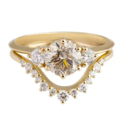 Tomfoolery Hazeline 14ct Yellow Gold Three Stone Champagne & White Diamond Ring New