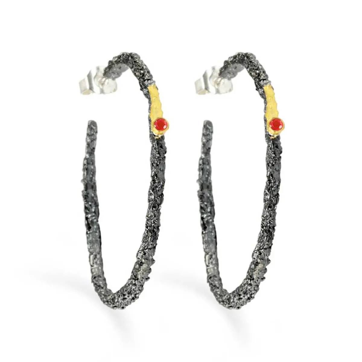 Tomfoolery Large Oxidised Silver, Gold & Ruby Textured Hoops Clearance