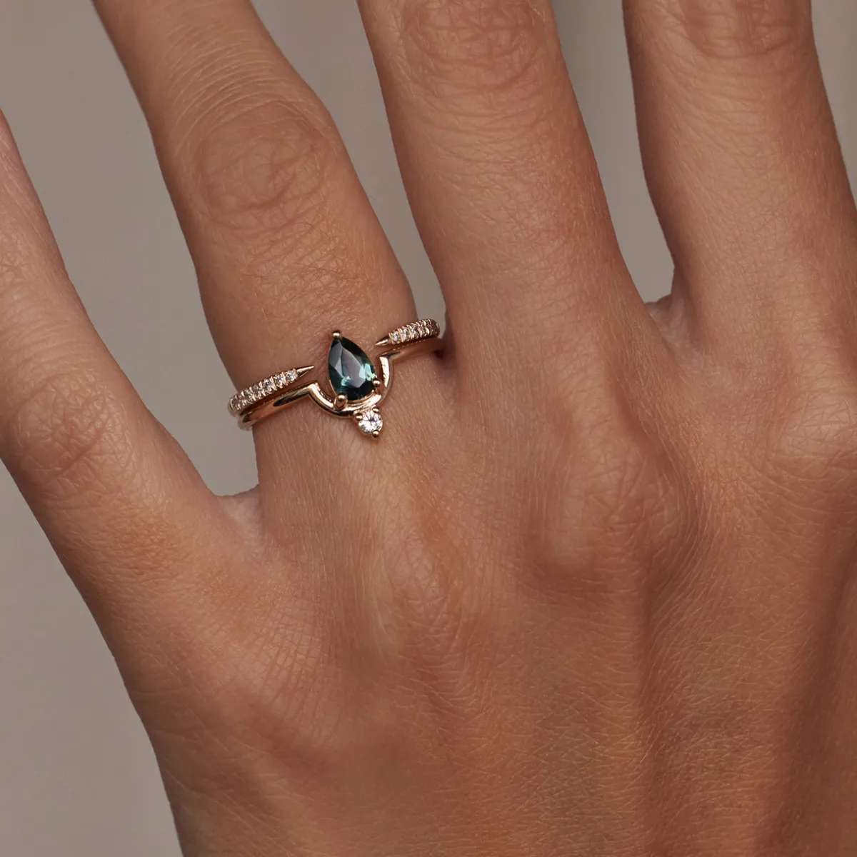 Tomfoolery Medium Pear Cut Teal Sapphire & Diamond Nestled Ring Fashion