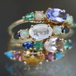 Tomfoolery Multi Gemstone Claw Set Ring with Moonstone, Opal & Black Diamond New