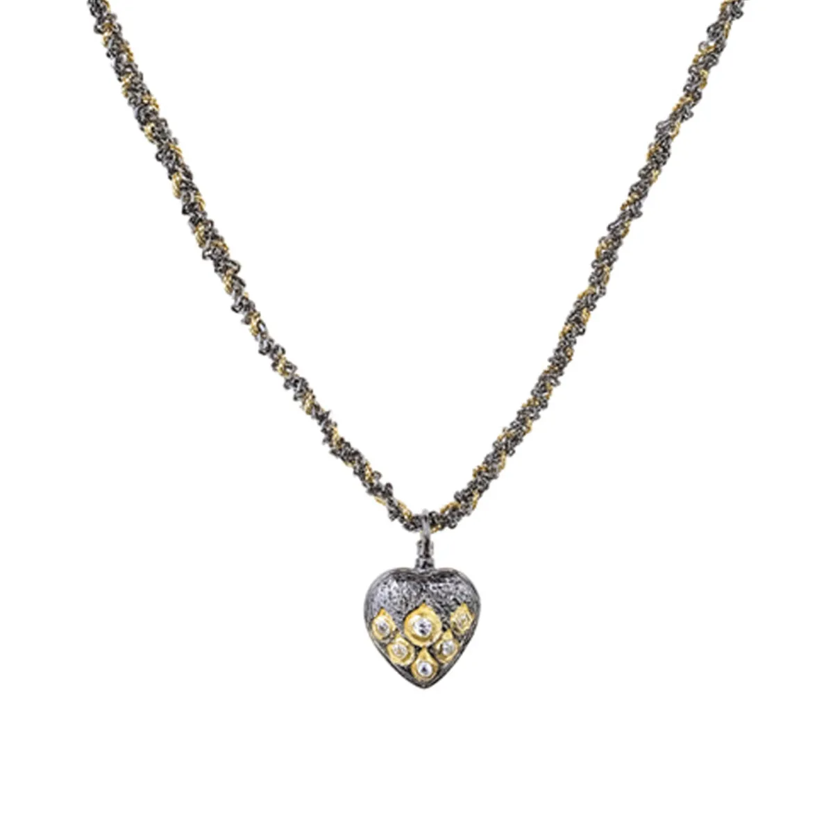 Tomfoolery N° 890 Gold & Braided Silk Ruthenium Heart Pendant Online