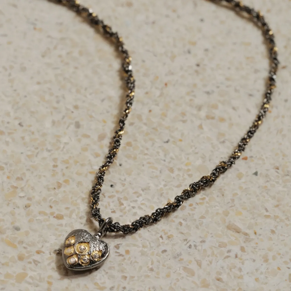 Tomfoolery N° 890 Gold & Braided Silk Ruthenium Heart Pendant Online