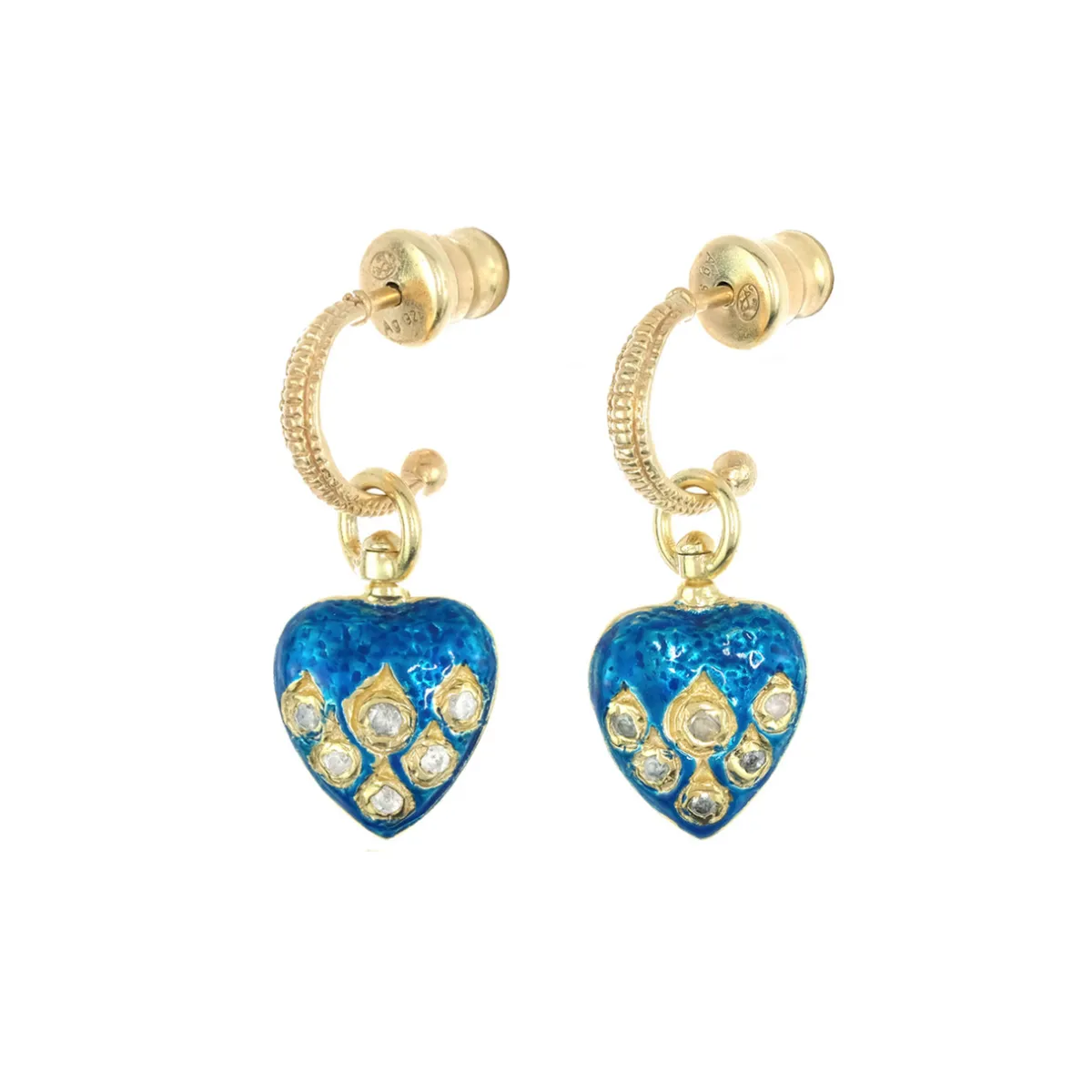 Tomfoolery N° 816 Gold & Enamel Heart Drop Hoop Earrings New