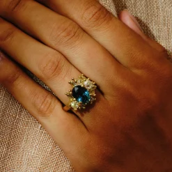 Tomfoolery Oval Teal Sapphire & Diamond Sweeping Cluster Ring Best
