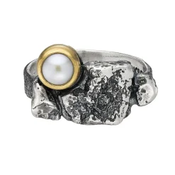 Tomfoolery Oxidised Silver & Pearl Irregular Signet Ring New