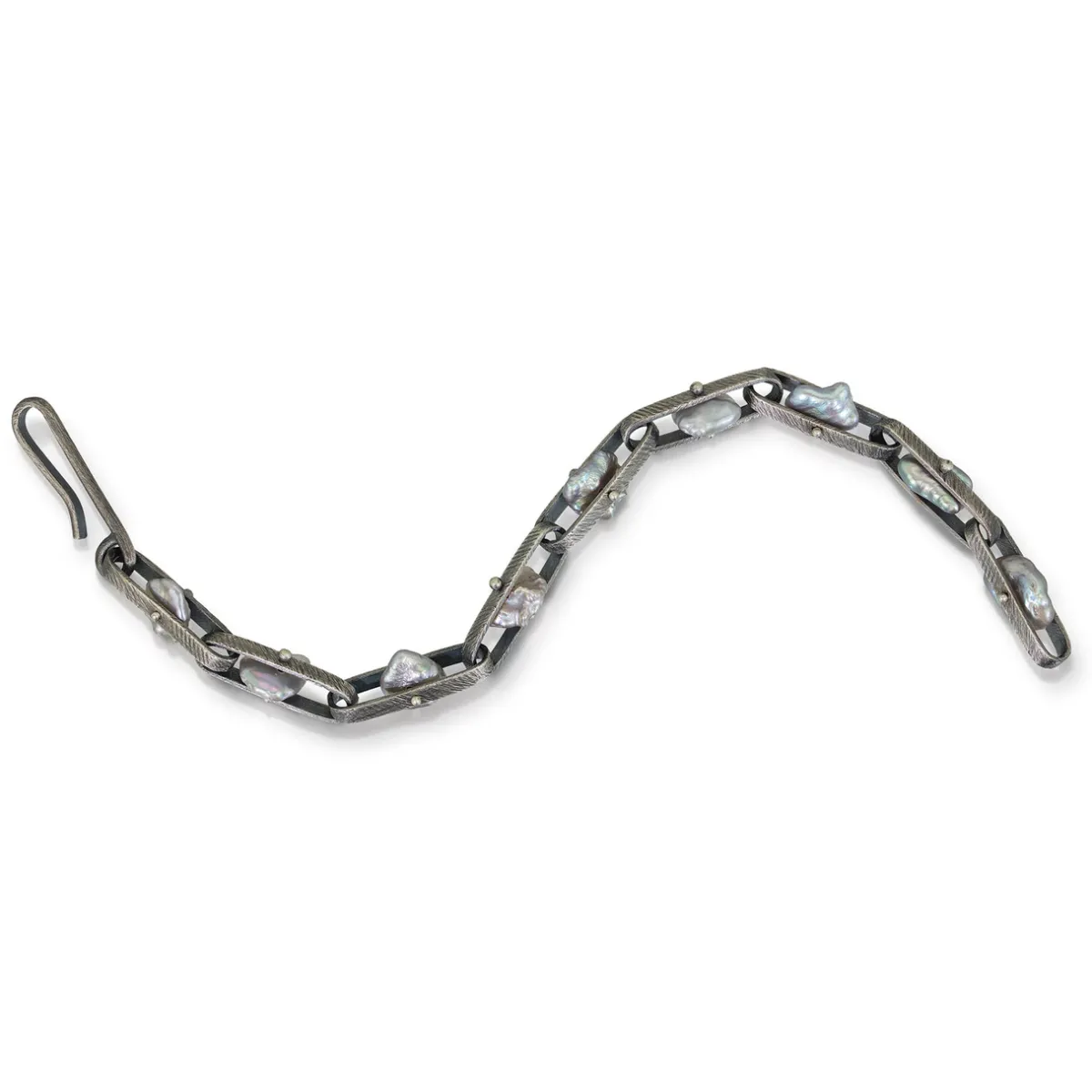 Tomfoolery Oxidised Silver & Pearl Oval Link Bracelet Hot