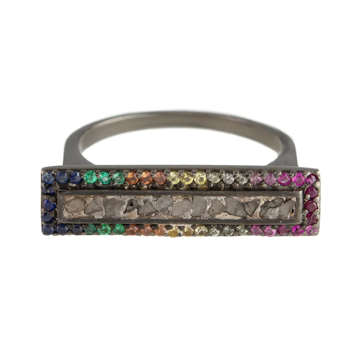 Tomfoolery Oxidised Silver Rainbow Gemstone Bar Ring Best