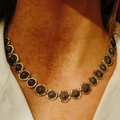 Tomfoolery Oxidised Silver, Ruby & Gold Disc Necklace Hot