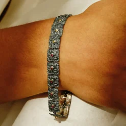 Tomfoolery Oxidised Silver, Ruby & Gold Square Link Bracelet Clearance