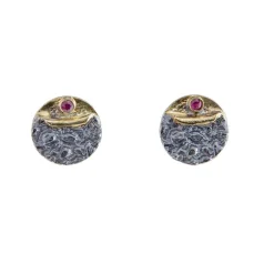 Tomfoolery Oxidised Silver Textured Round Ruby Studs Discount