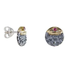 Tomfoolery Oxidised Silver Textured Round Ruby Studs Discount