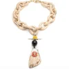 Tomfoolery Raffia Link Necklace with Wood Grain Pendant New